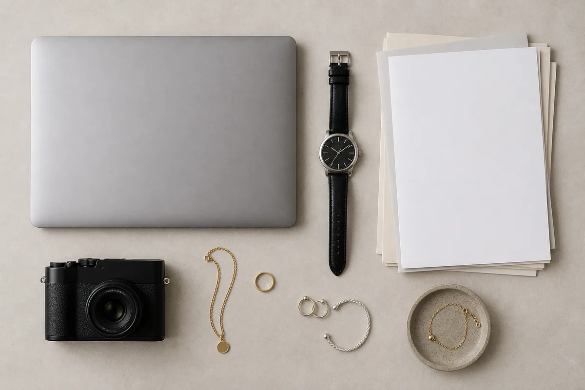 Bijoux, ordinateur portable et factures disposés pour un inventaire photographique avant un départ