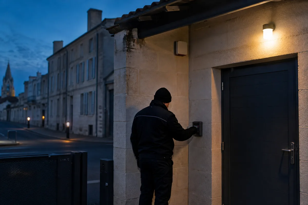 Agent de sécurité contrôlant l&rsquo;accès d&rsquo;un site industriel de nuit