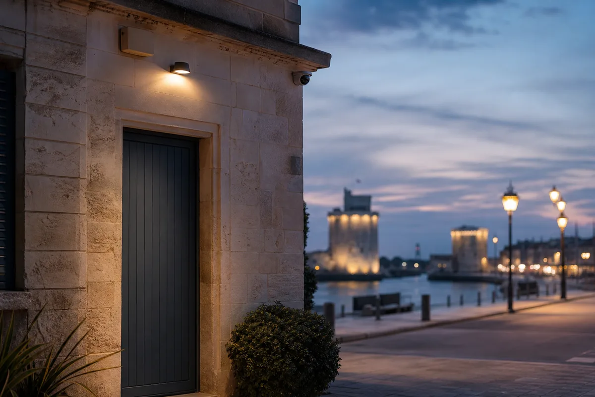Poste de supervision avec écrans de vidéoprotection affichant plusieurs vues d'un site industriel de nuit