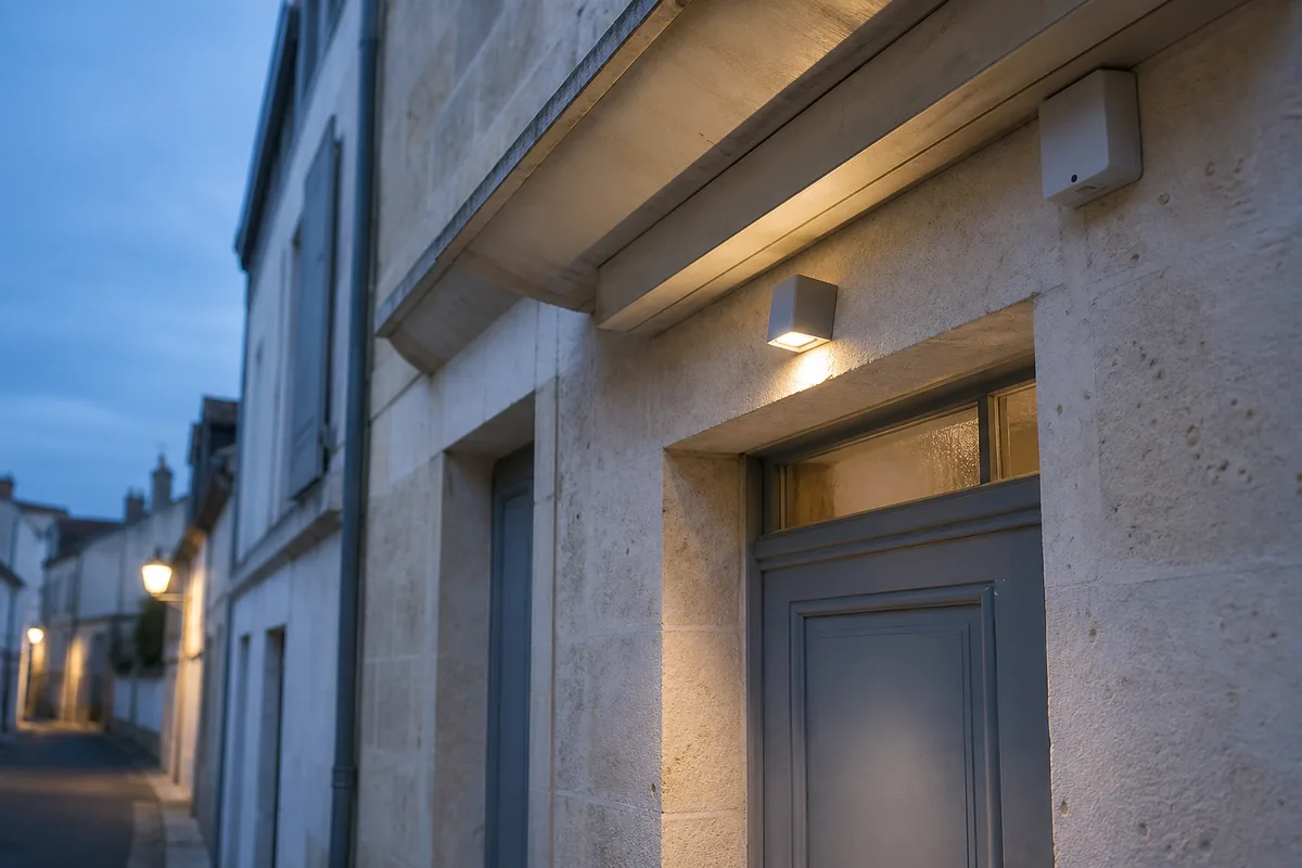 Centrale d’alarme sans fil fixée dans l’entrée d’une maison de ville rochelaise