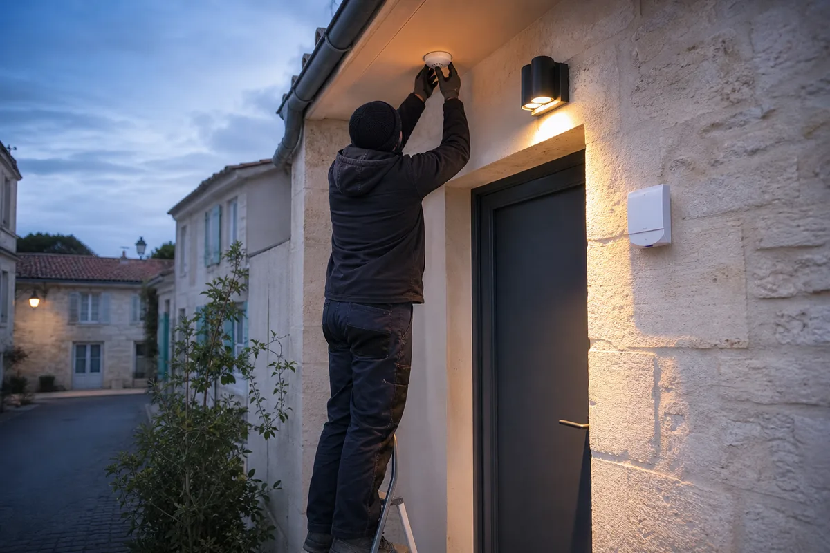 Technicien réglant un détecteur de mouvement au plafond d’un séjour