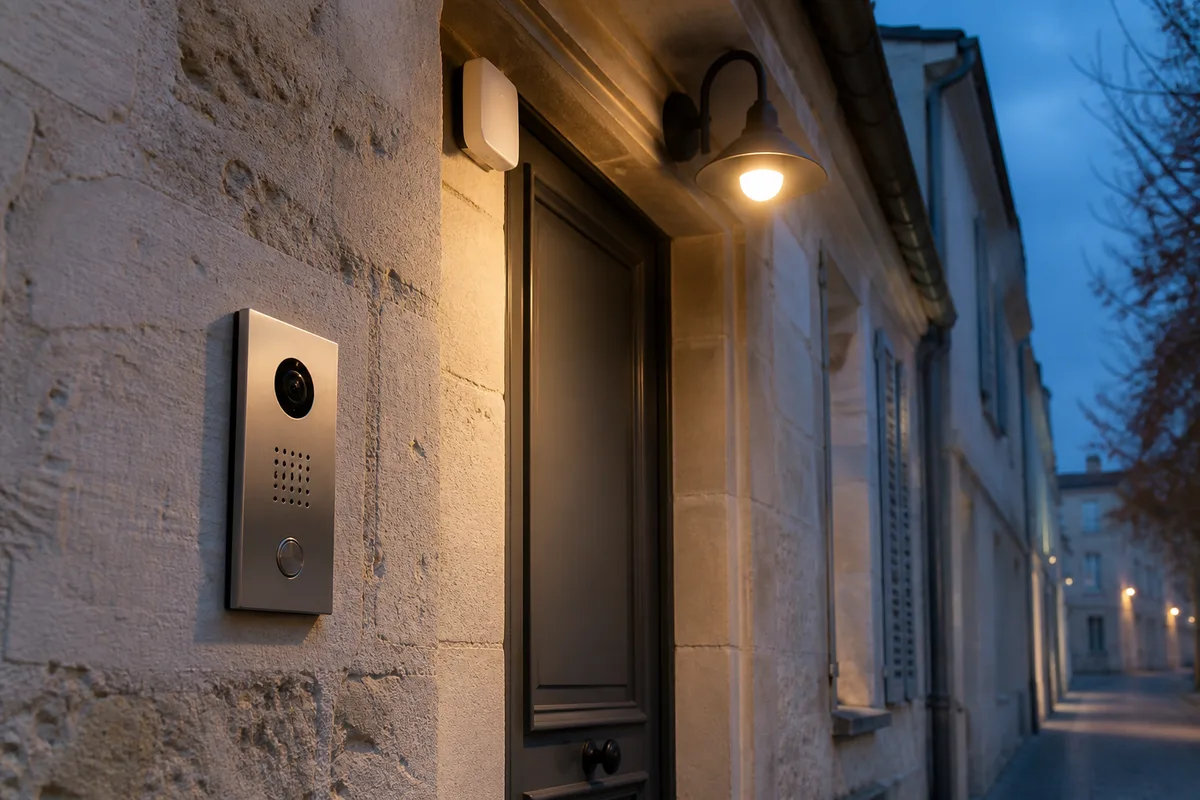 Platine de rue d&rsquo;un interphone avec caméra fixée à l&rsquo;entrée d&rsquo;un immeuble