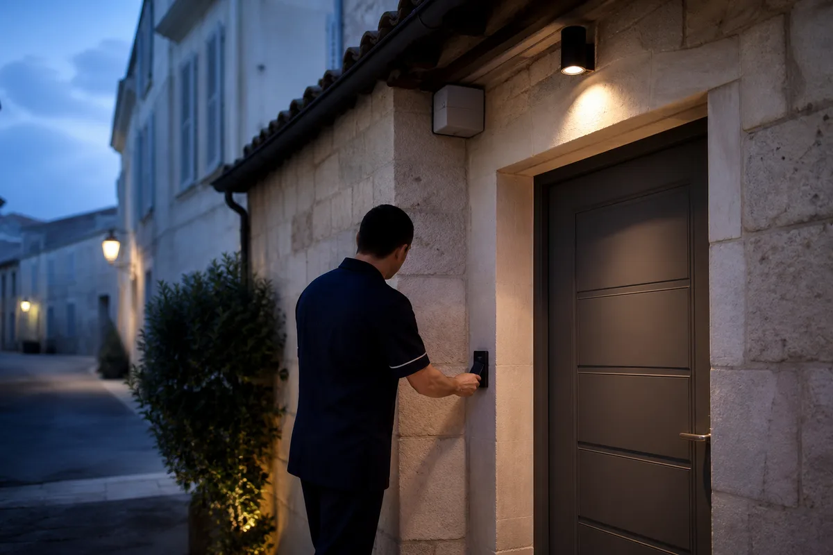 Membre du personnel hôtelier vérifiant l&rsquo;accès à un local de service