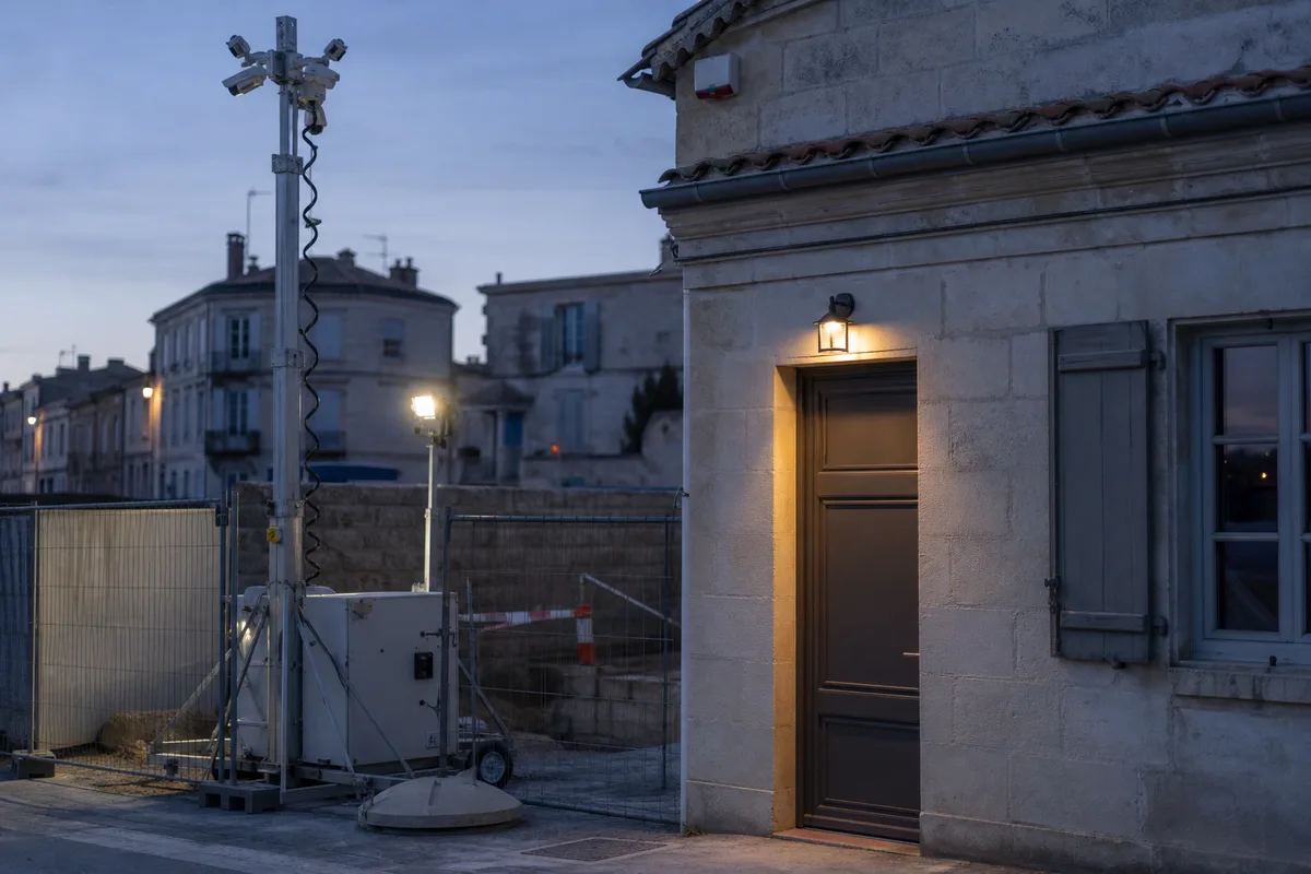 Tour de surveillance mobile et projecteur installés en bordure de chantier
