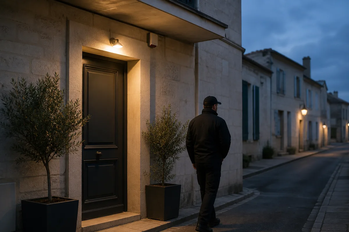Agent de sécurité en ronde devant l&rsquo;entrée d&rsquo;un bâtiment tertiaire