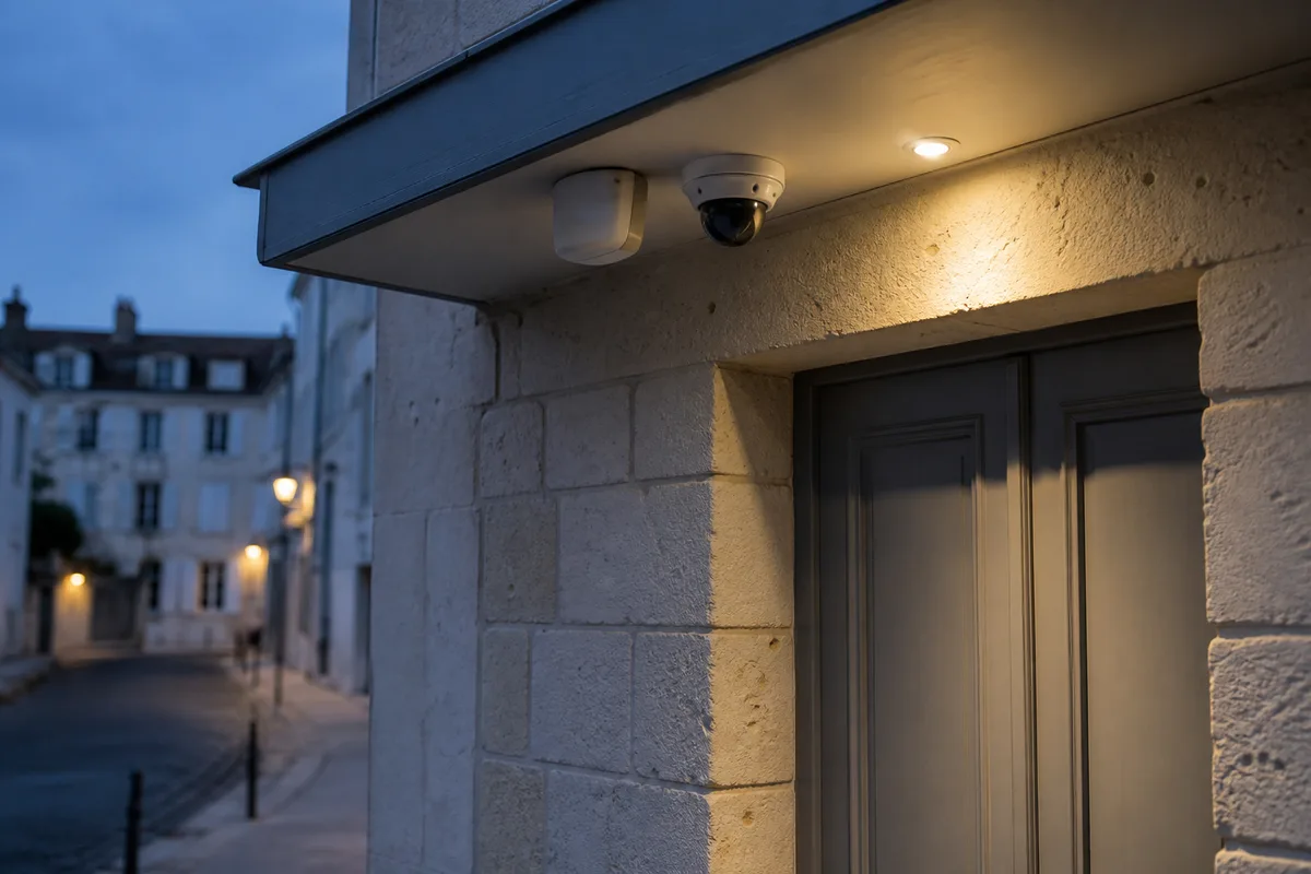 Caméra de vidéosurveillance fixée sous l&rsquo;auvent d&rsquo;un commerce rochelais